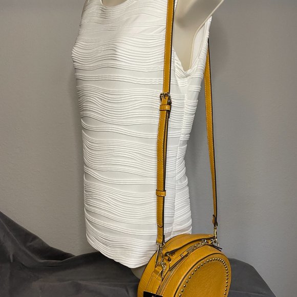 INC International Concepts Yellow Leather Round Box Purse with Adjustable Strap - Picture 9 of 9